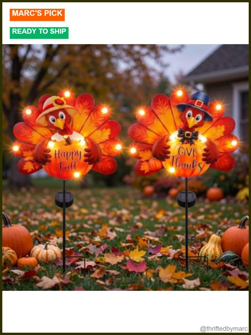 Set of 2 Metal Solar LED Turkey Garden Stakes Thanksgiving Yard Decor